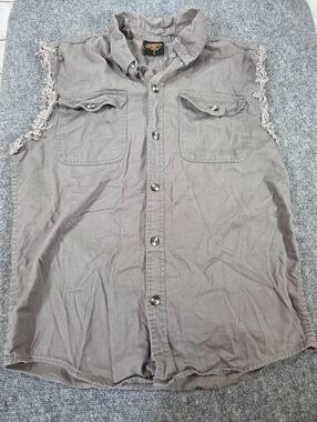 Milwaukee Performance Sleeveless Button Up Shirt Mens L Gray Frayed Cut Off Bike